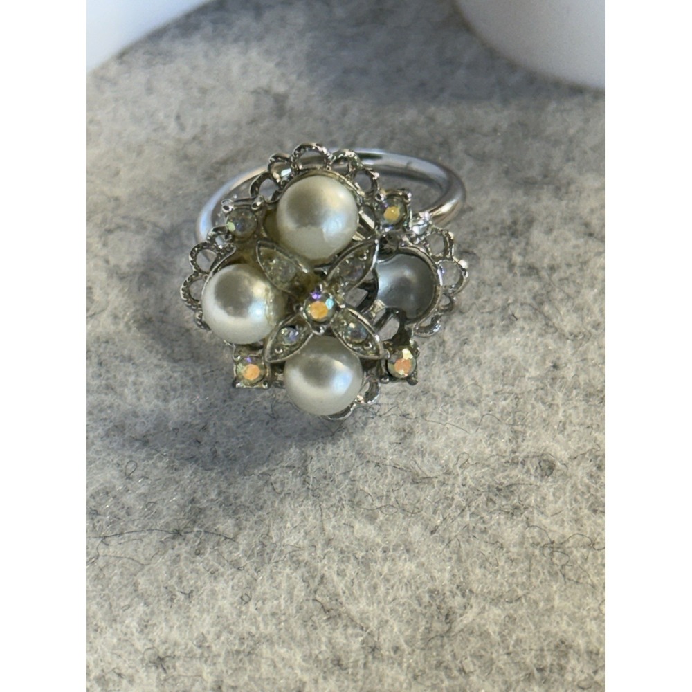 Vintage SARAH COVENTRY Flower Ring Faux Pearl AB Rhinestone See note Sz 6.75